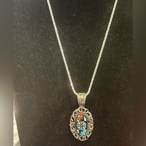 Carolyn Pollack Silver Floral Gemstone Pendant and sterling silver Necklace 19"